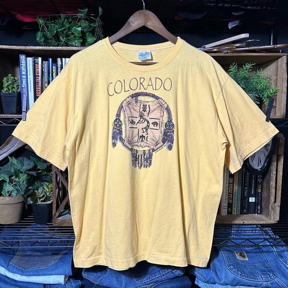 Vintage 90s Colorado Native American Tee Yellow 1996 Nature Shirt Mens Large